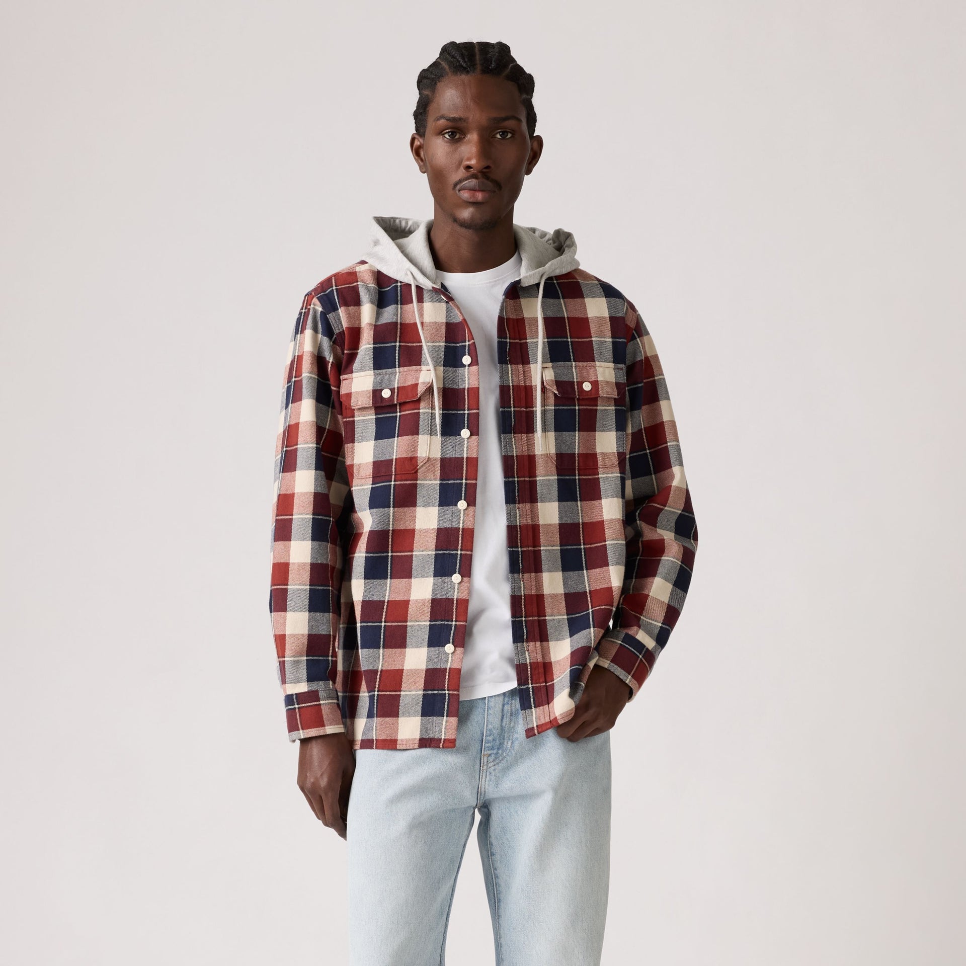 Qichic Sweat à Capuche Homme - Manches Longues, Patchwork Carreaux Jacquard, Gris/Noir - Coton Respirant